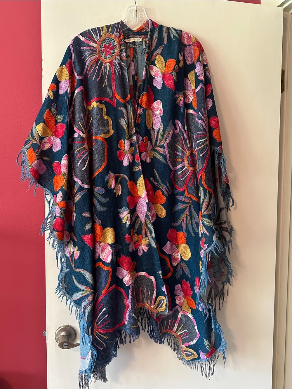 Soft Surroundings Navy Embroidered Floral Fringe Wrap